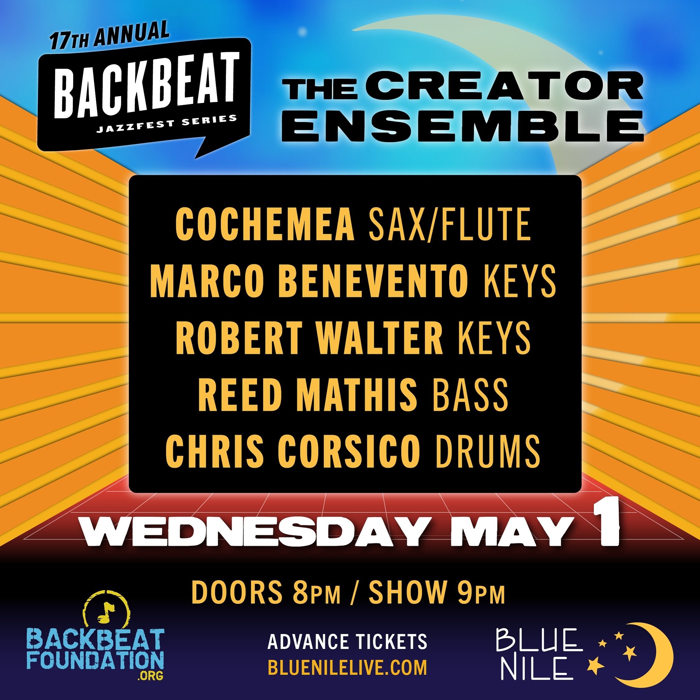 TONIGHT!! 
The Creator Ensemble 9PM
Game of Bones 11PM
17th Annual Backbeat JazzFest Series PLAYS ON!
✨🌙 Advance Tickets bluenilelive.com

New Breed Brass Band BALCONY PARTY 9:30PM in the&nbsp;&nbsp;Blue Nile Balcony Room (UPSTAIRS)

@backbeatfounda