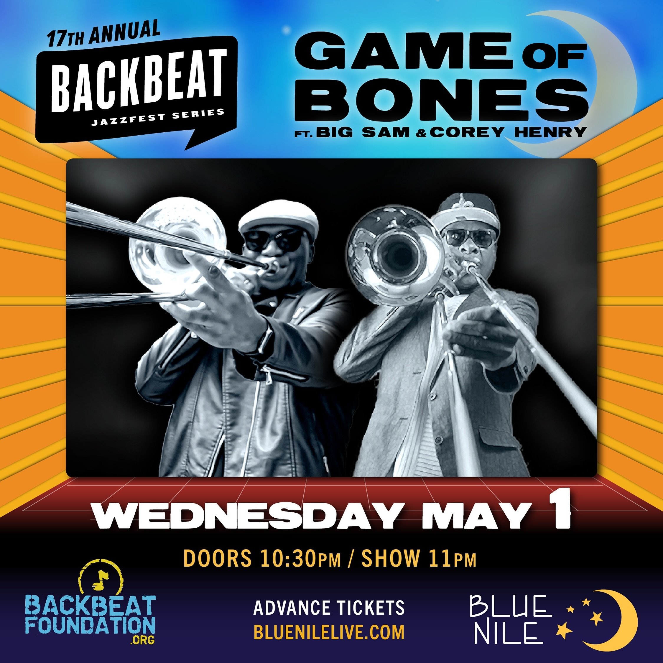 TONIGHT!! It&rsquo;s goin&rsquo; DOWN! 
Game of Bones 11PM
17th Annual Backbeat JazzFest Series PLAYS ON!
✨🌙 Advance Tickets bluenilelive.com

Creator Ensemble 9PM
New Breed Brass Band BALCONY PARTY 9:30PM in the&nbsp;&nbsp;Blue Nile Balcony Room (U
