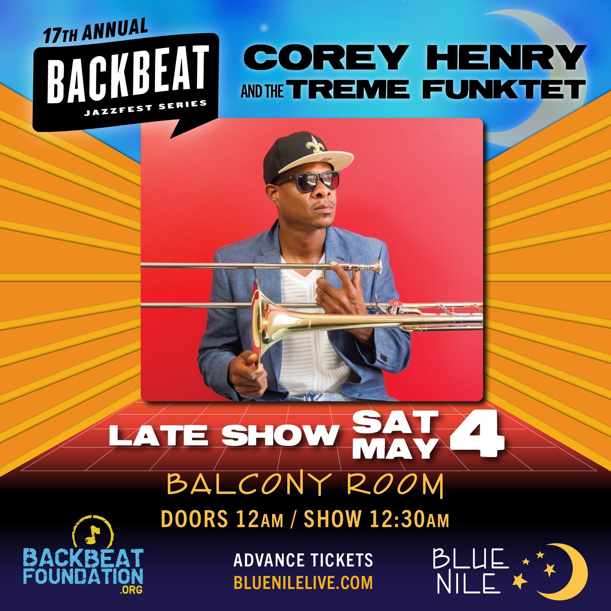 ✨JUST ADDED ✨ 
17th Annual Backbeat JazzFest Series presents Corey Henry &amp; the Treme Funktet! LATE SHOW Saturday May 4 (technically morning May 5).
✨🌙 
Advance Tickets at bluenilelive.com

@backbeatfoundation @boemoney6  #jazzfest2024 #aftershow
