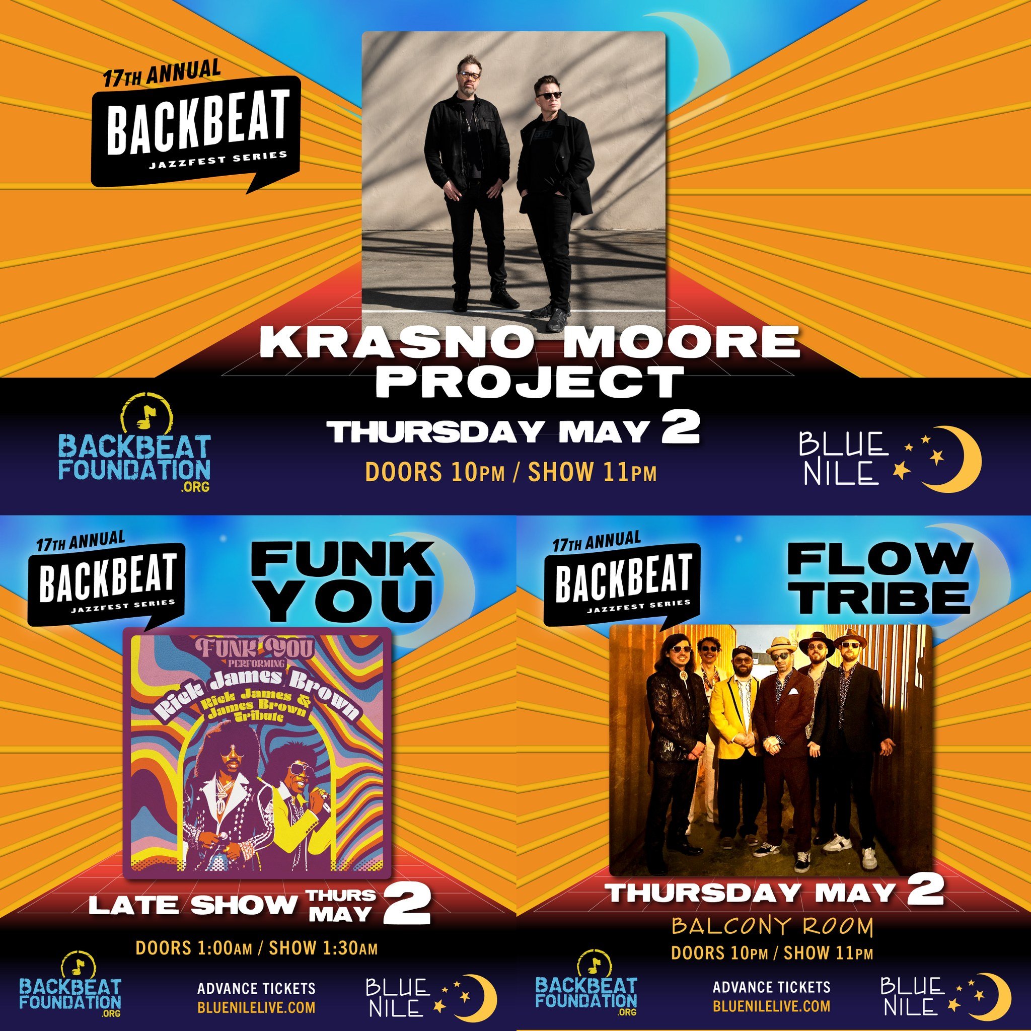 TONIGHT! Krasno Moore Project, Funk You Plays Rick James Brown, and Flow Tribe!
✨🌙 Advance tickets at bluenilelive.com

Where Ya At Brass Band 7PM, Free Admission.

@backbeatfoundation #jazzfestivus #jazzfest2024 #aftershow #bluenilenola #frenchmens