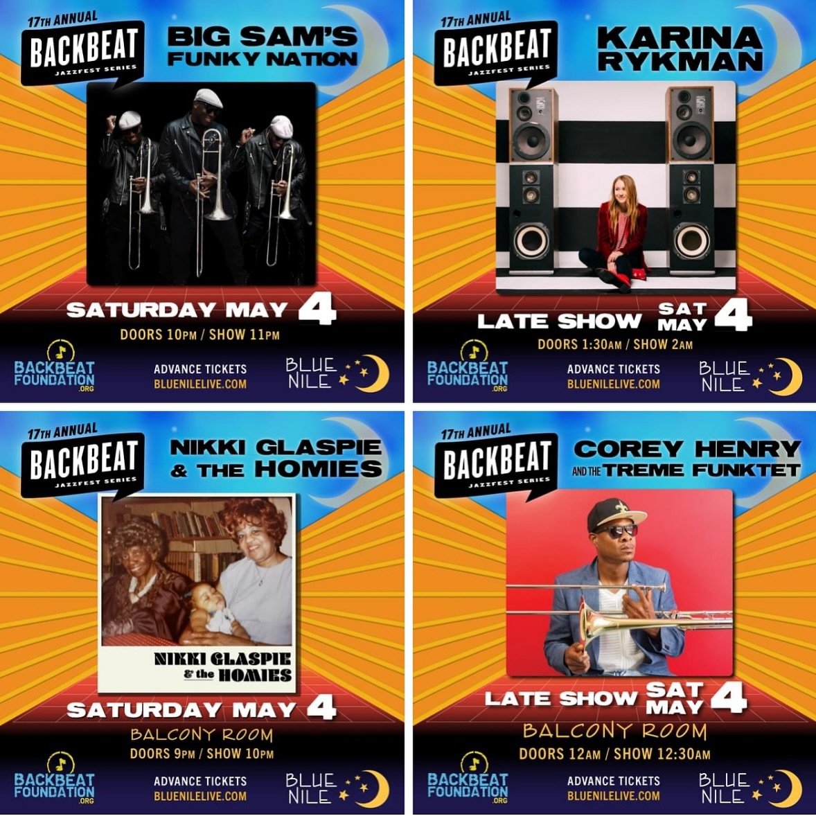 TONIGHT! ✨🌙 
17th Annual Backbeat JazzFest Series presents Big Sam&rsquo;s Funky Nation, Karina Rykman, Nikki Glaspie &amp; the Homies, Corey Henry and the Treme Funktet!
Advance Tickets (while they last) bluenilelive.com

George Brown Band 7PM, Fre