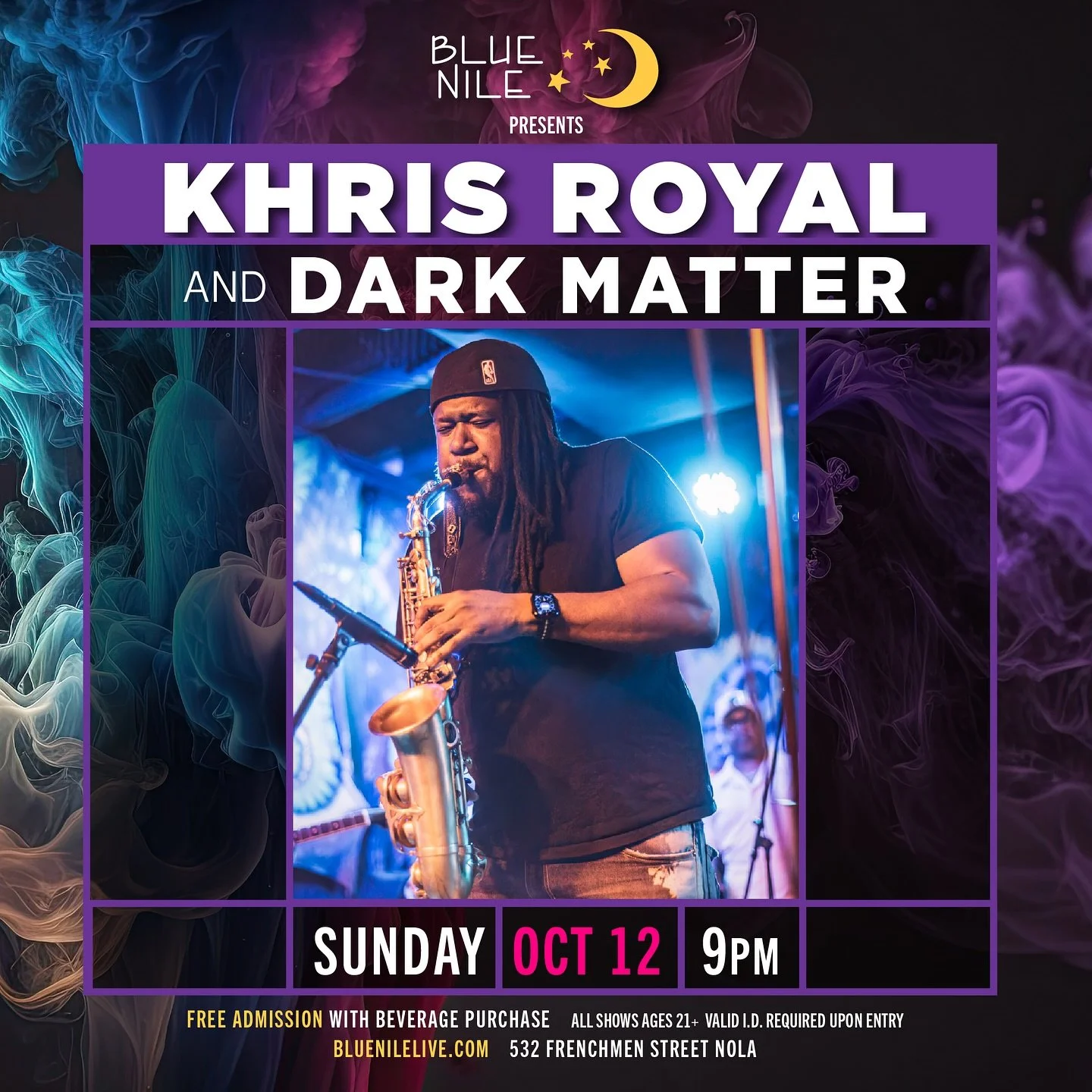Post-game plans? We&rsquo;ve got you. @khrisroyal and Dark Matter light up Blue Nile tonight, Oct 12!

📍532 Frenchmen, NOLA 

🌙 Follow @bluenilenola for all updates &amp; happenings!

#frenchmenstreet #nolalife #frenchmenstreetmusic #sunday #nola #