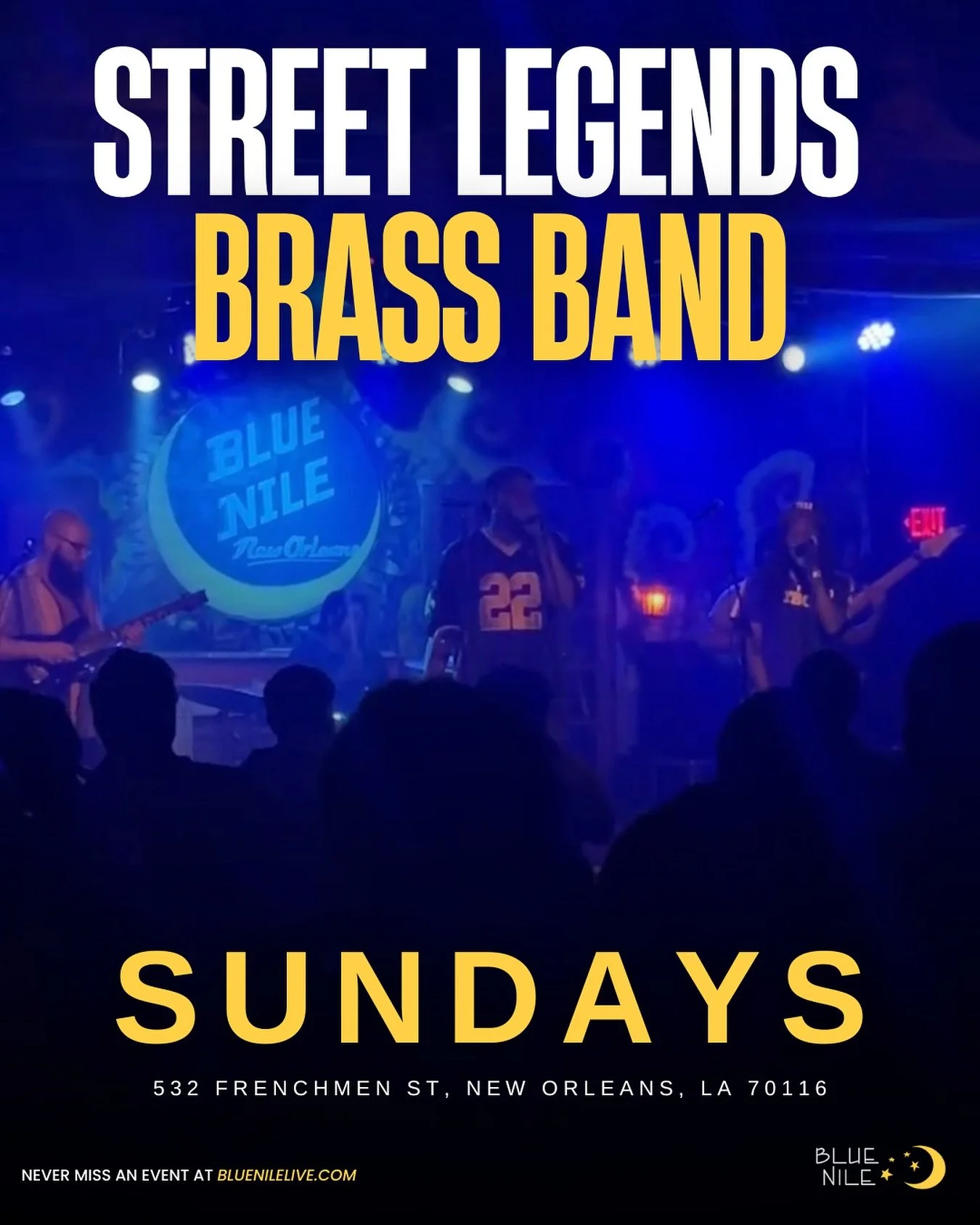 🔥 End your weekend the right way &mdash; live brass, good vibes, and that Blue Nile energy with Street Legends Brass Band!

📍532 Frenchmen, NOLA 

🌙 Follow @bluenilenola for all updates &amp; happenings!

#frenchmenstreet #nolalife #frenchmenstree