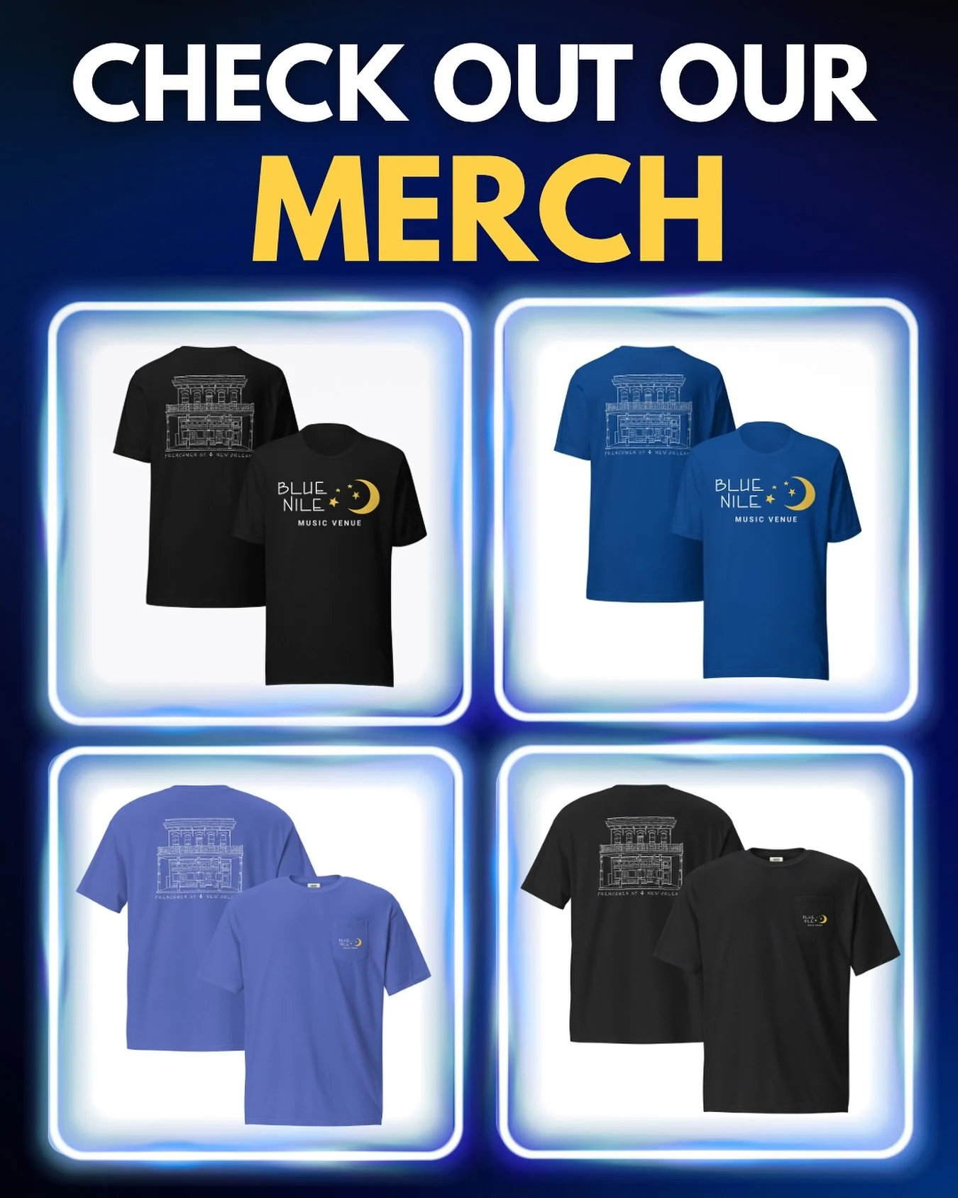 🎶 Bring a piece of Blue Nile home &mdash; shop our exclusive merch and get it delivered straight to your door!

🛒 Shop now at bluenilelive.com/shop

📍532 Frenchmen, NOLA 

🌙 Follow @bluenilenola for all updates &amp; happenings!

#frenchmenstreet