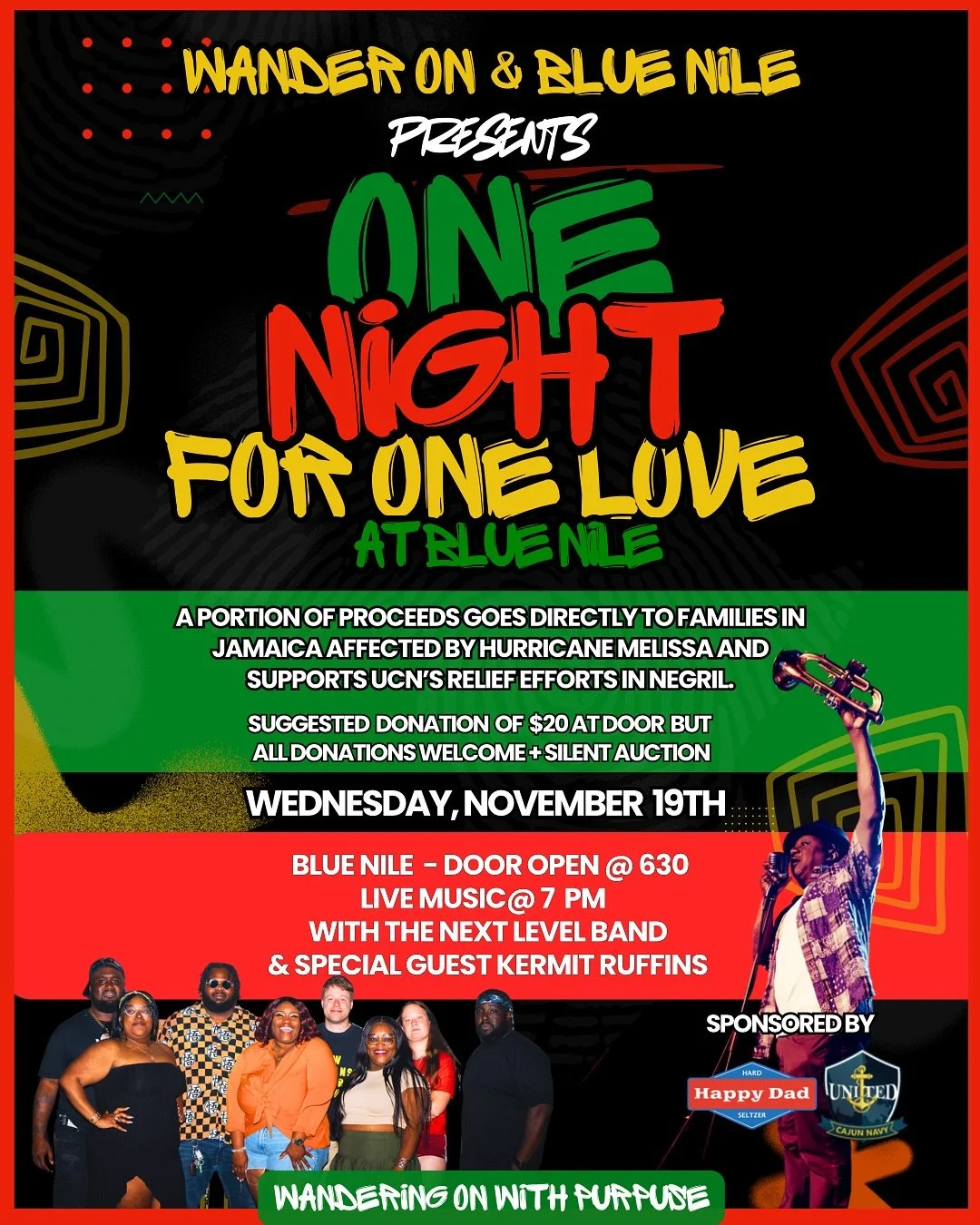 💚 TONIGHT WE ARE COMING TOGETHER WITH @wanderonmarketing / @ruffinsbbq / @nextlevel_nola / @dizzleonthekeys504

WEDNESDAY, NOVEMBER 19th @ 6:30 PM

Happy Dad Hard Seltzers will be available for $7 each, with all proceeds supporting families in Jamai