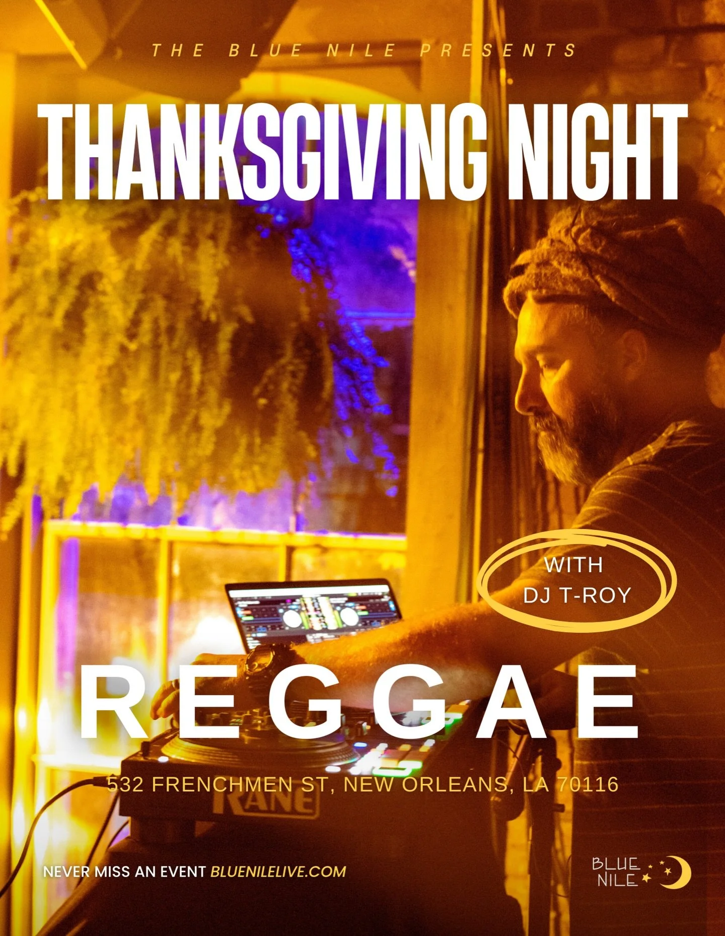 Happy Thanksgiving! The Blue Nile is open and the reggae beats with @bayouinternational are calling. Come dance, celebrate, and vibe with us.

📍532 Frenchmen, NOLA 

🌙 Follow @bluenilenola for all updates &amp; happenings!

#frenchmenstreet #nolali