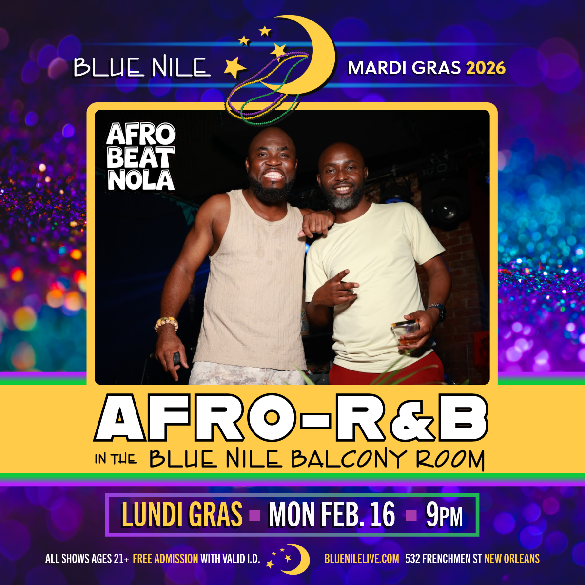 Afro-R&amp;B (Balcony Room) • LUNDI GRAS • FEB. 16 • @9PM