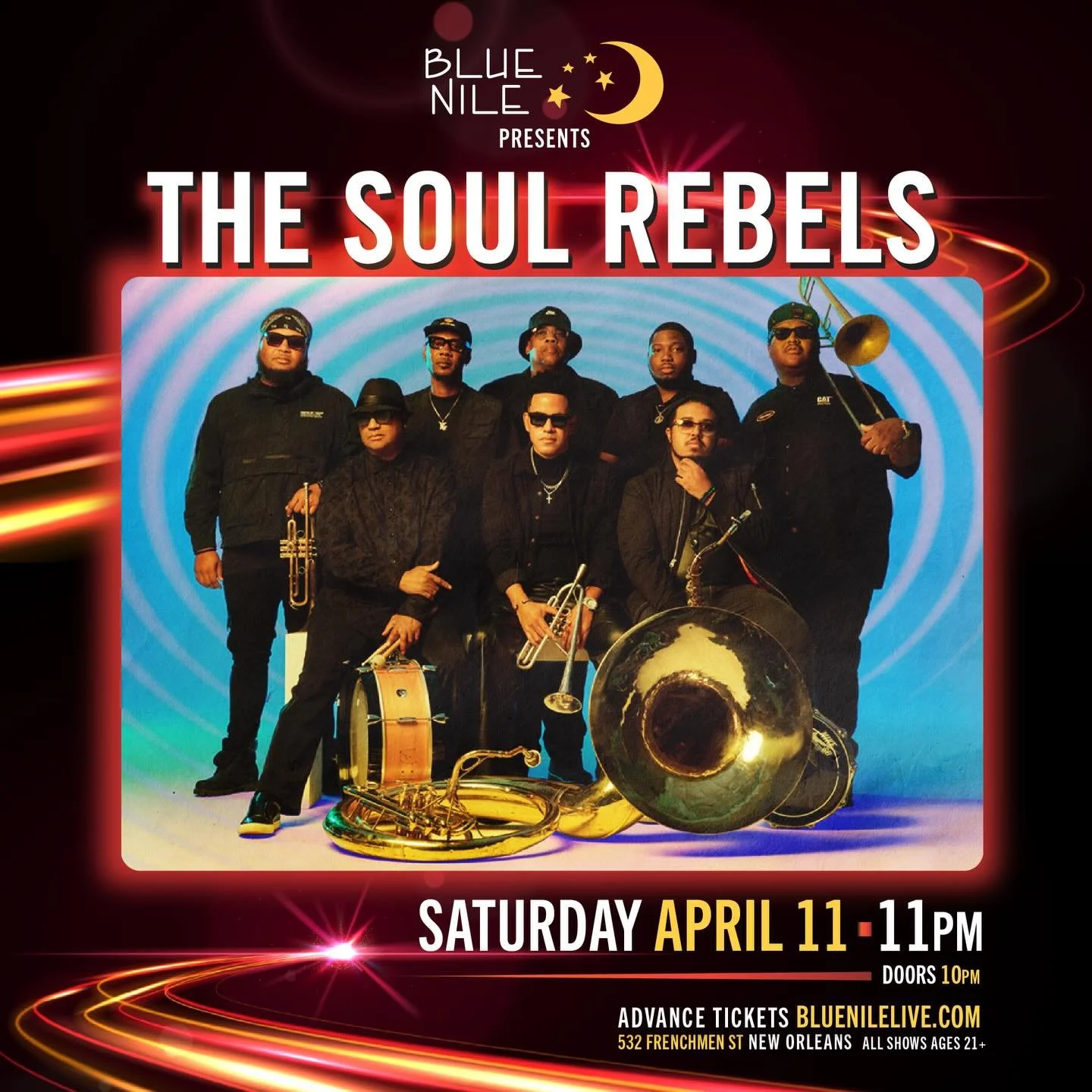 Dance the night away with the amazing @thesoulrebels  at the Blue Nile this Saturday 4/11!

🎟️ Buy tickets here: https://www.showpass.com/soul-rebels-blue-nile-april-2026/

📍532 Frenchmen, NOLA

🌙 Follow @bluenilenola for all updates &amp; happeni