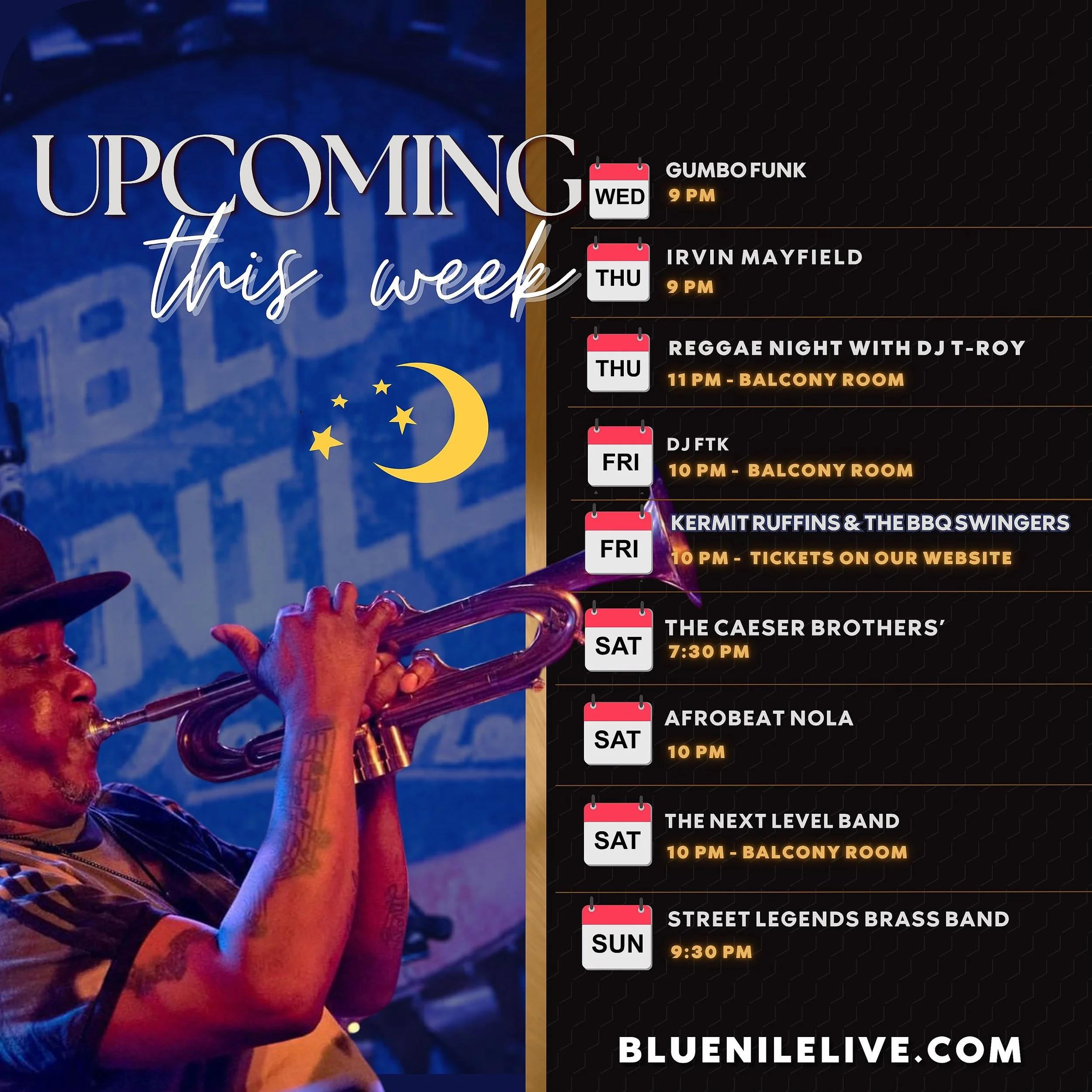 💃🏻 Starting tomorrow, you can dance all week long! 

📍532 Frenchmen, NOLA

🌙 Follow @bluenilenola for all updates &amp; happenings! 

#livemusicnola #frenchmenstreet #nightlife #neworleans #livemusicvenue