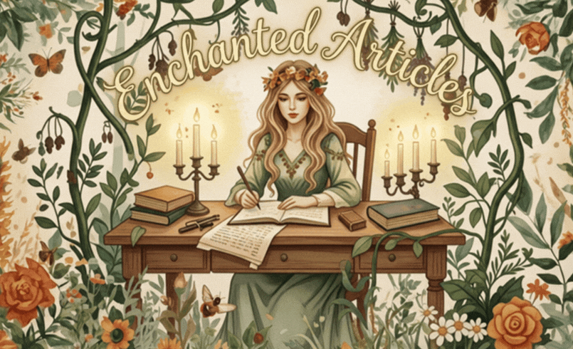 a girl in a long Green dress sitting at a desk writing by candlight and surrounded by nature