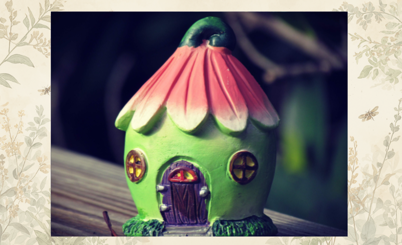 a cute Green fairy house with a pink petal roof in nature