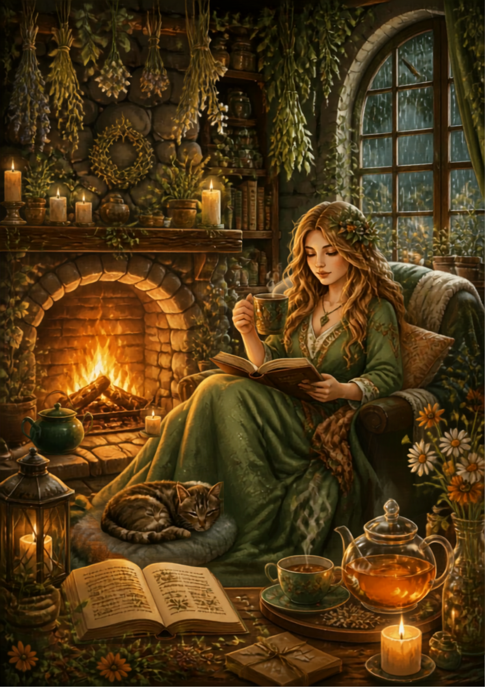 a cozy setting with a woman reading a book, sipping herbal tea, and a fireplace
