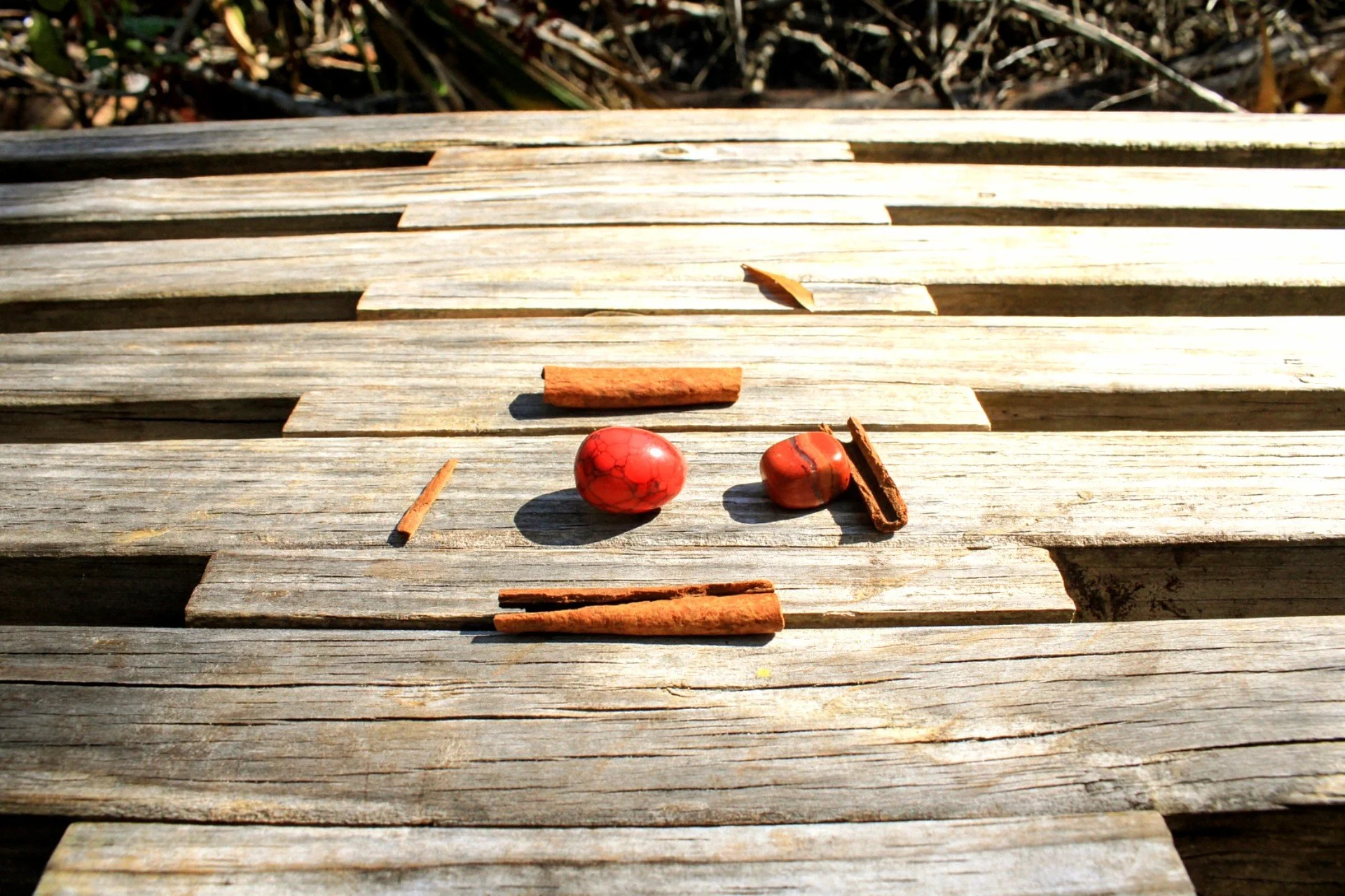 Cinnamon Sticks and red agate on a boardwalk in nature
