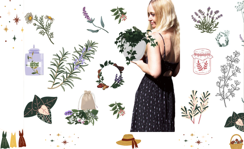 A blonde woman surrounded by haouseplants and herbal remedies