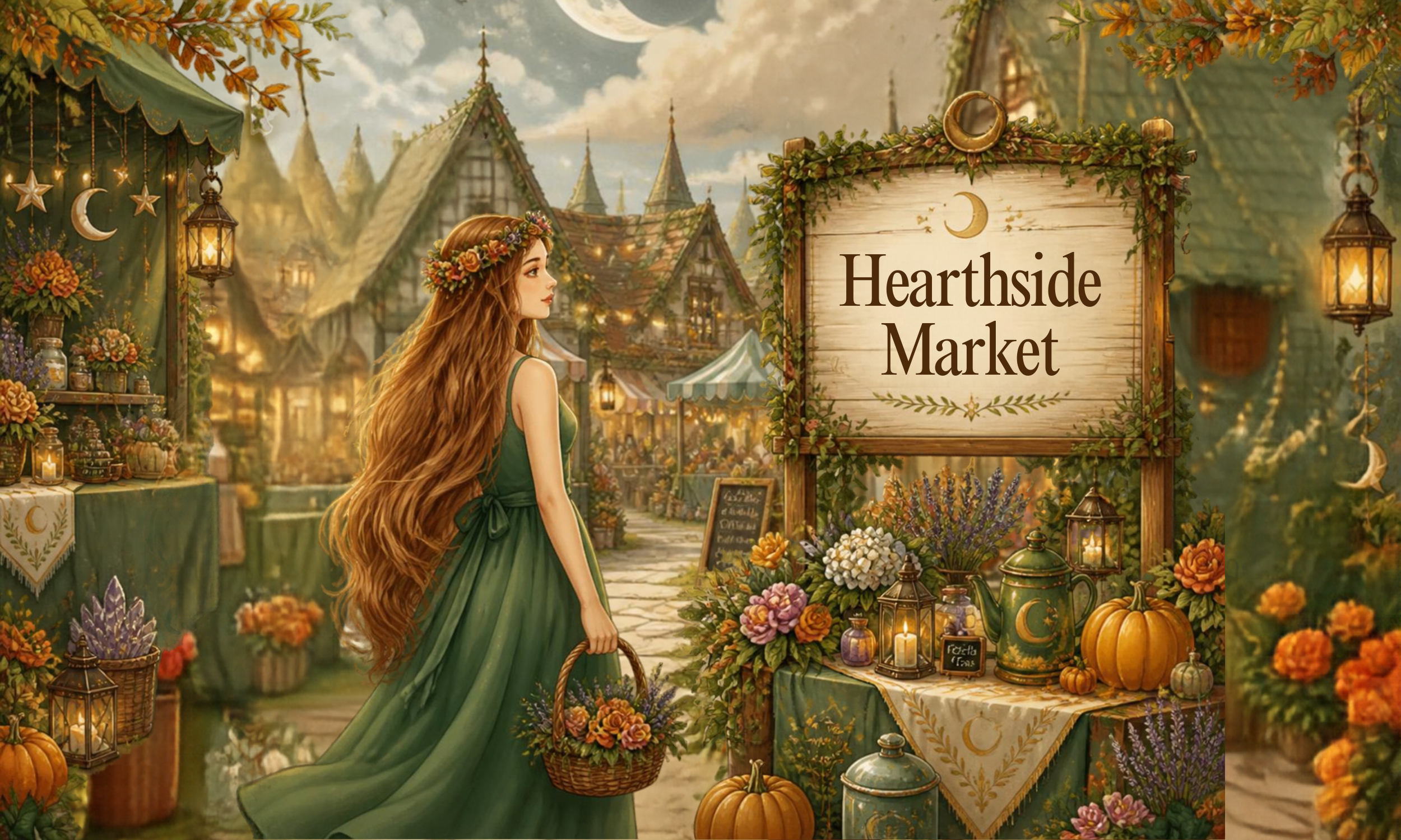 A green witch carrying a basket to fill with botanical goods in an open air marketplace