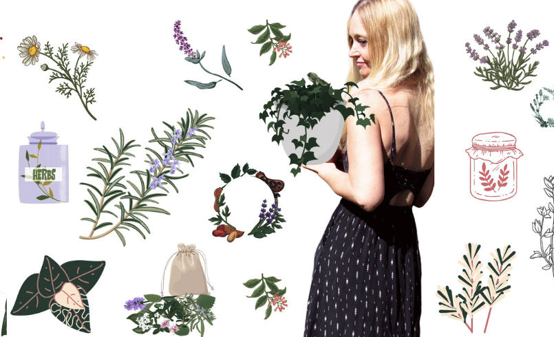 A blonde woman in black dress surrounded by houseplants and herbal remedies