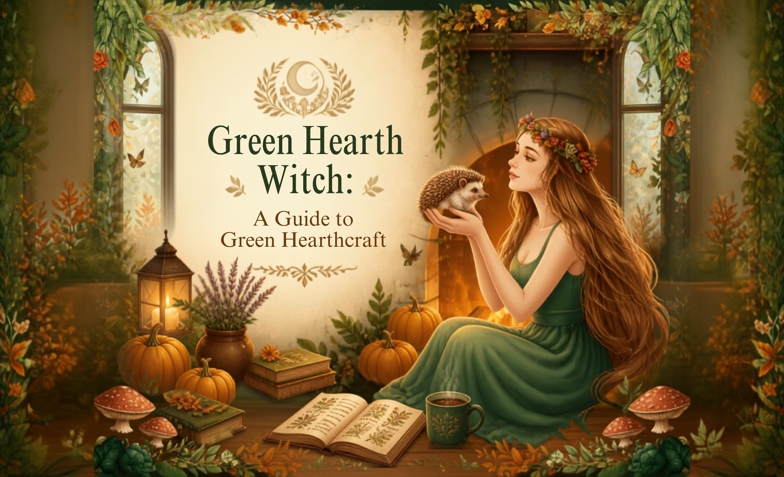 A green witch holding a hedgehog familiar in her hands on the floor in her home filled with mushrooms, curios, and herbal books.