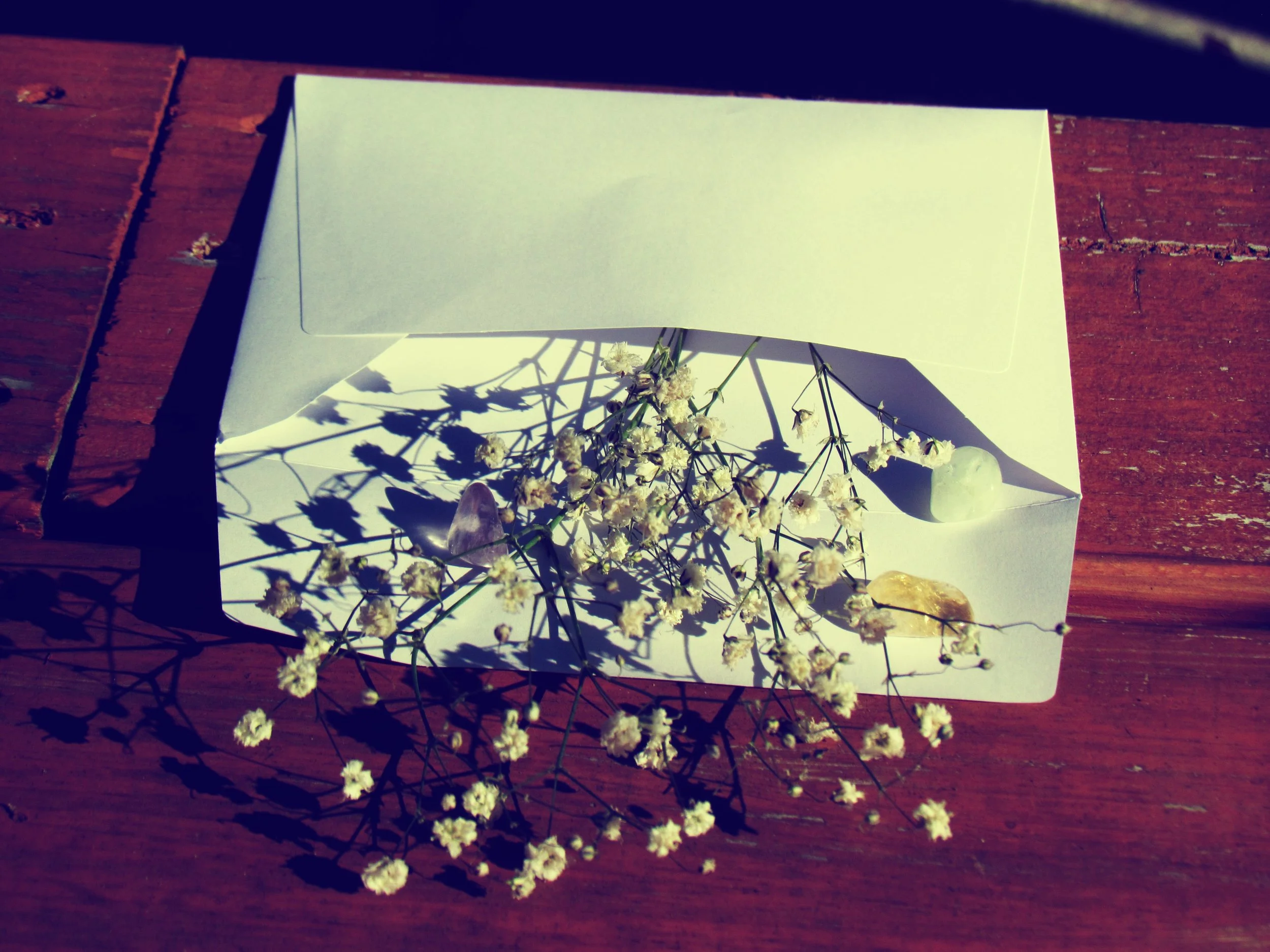 A white envelope filled with baby's breath flowers