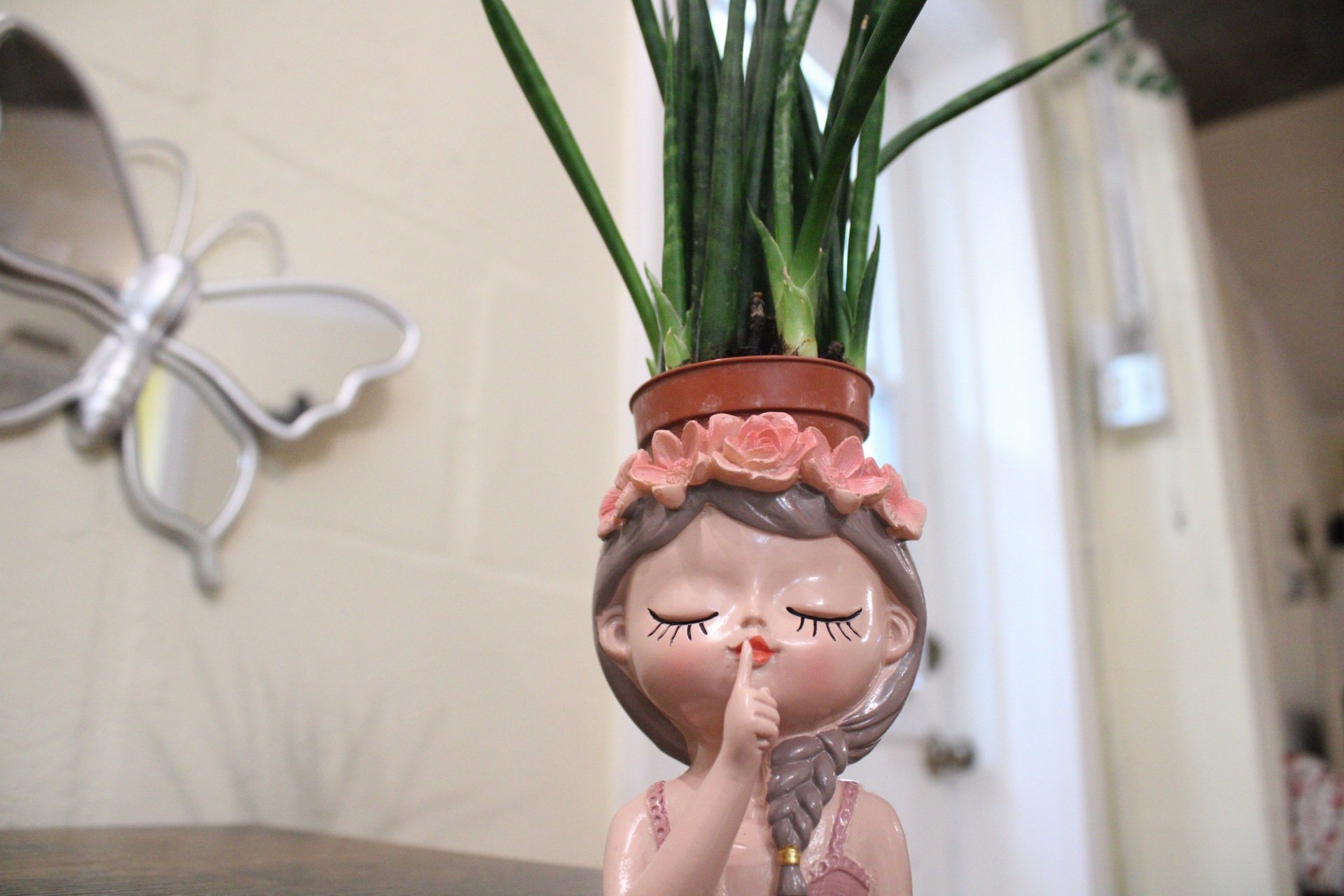 A cute planter with a girl saying shhh with a tiny snake plant