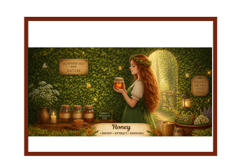 A woman with long, red hair and a green apron dress holding a a jar of honey by a magical hedge