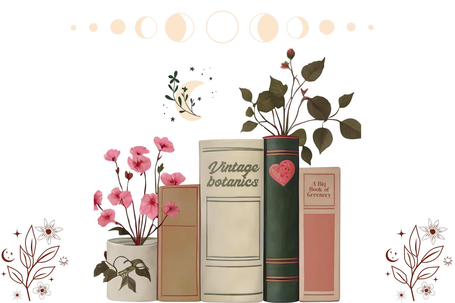 cottagecore vintage books illustration with moon readings