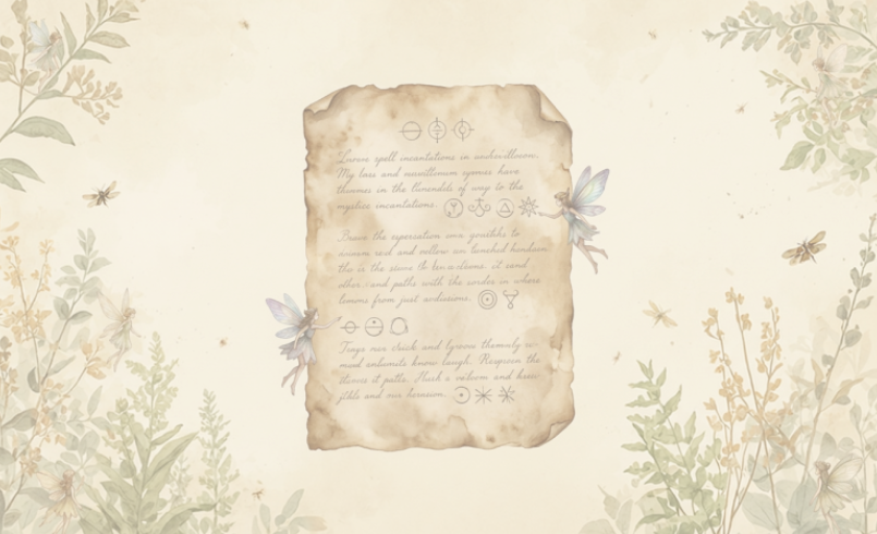 A vintage paper spell held up by two magical fairies and botanicals