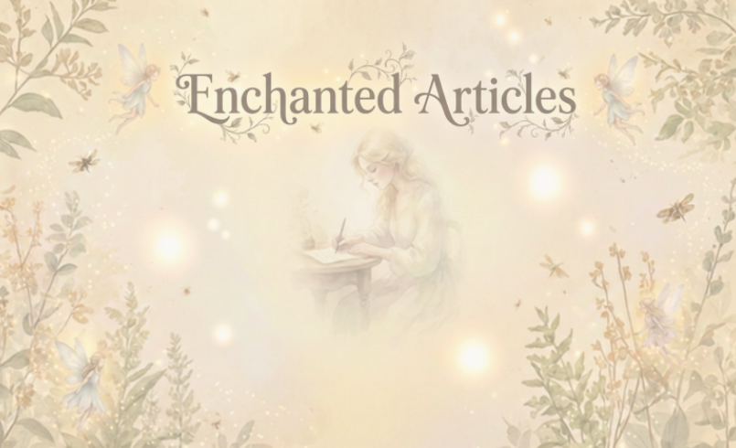 a blonde woman writing in a book surrounded by magical fairies and botanica