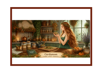 A woman in a green dress holding a handful of Cardamom in the kitchen wearing a flower crown