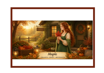 a red-haired woman in a long, green dress holding a a maple leaf in both hands standing outside her cottage home
