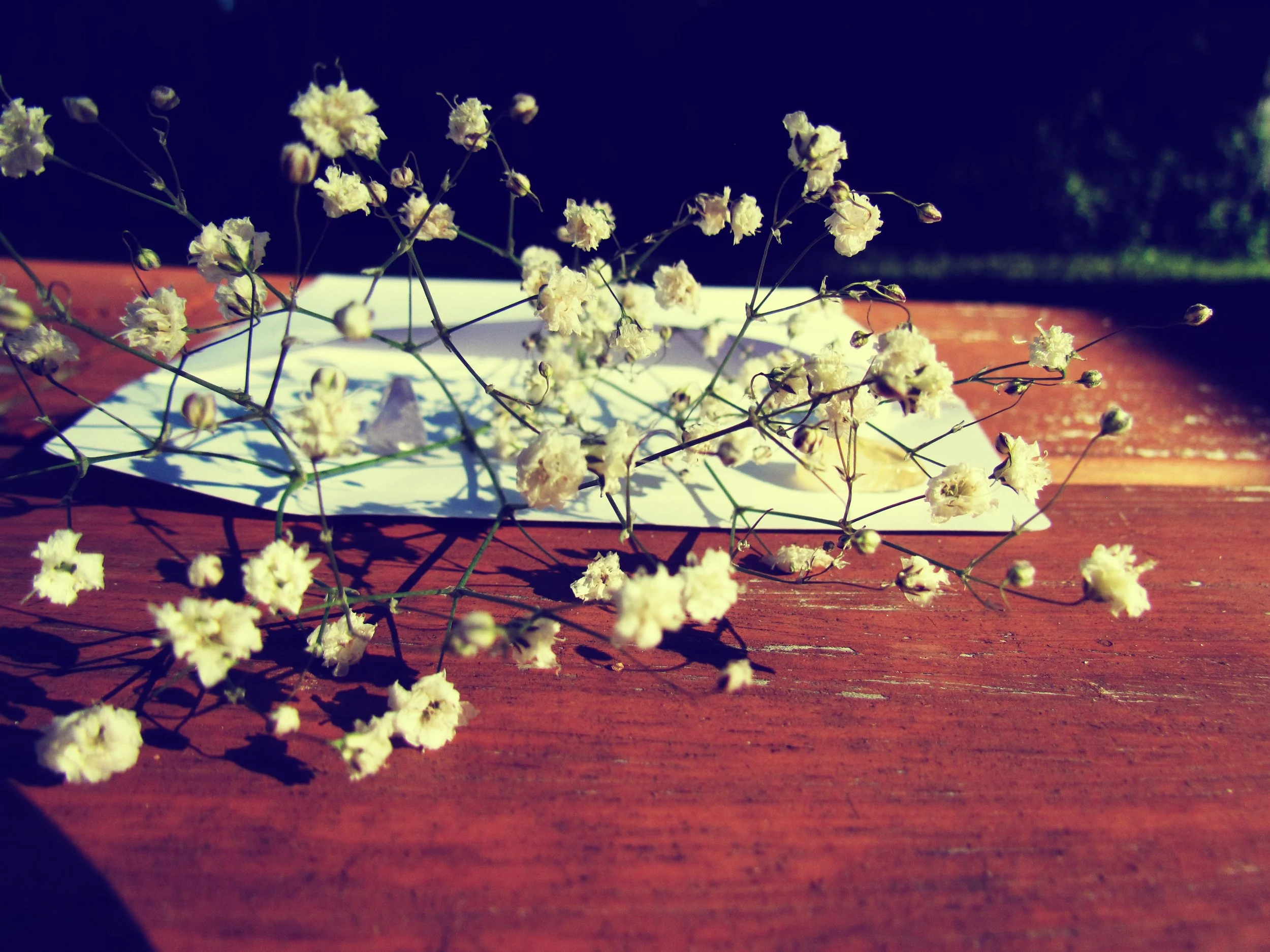 White envelope stuffed with baby's breath flowers on a back porch