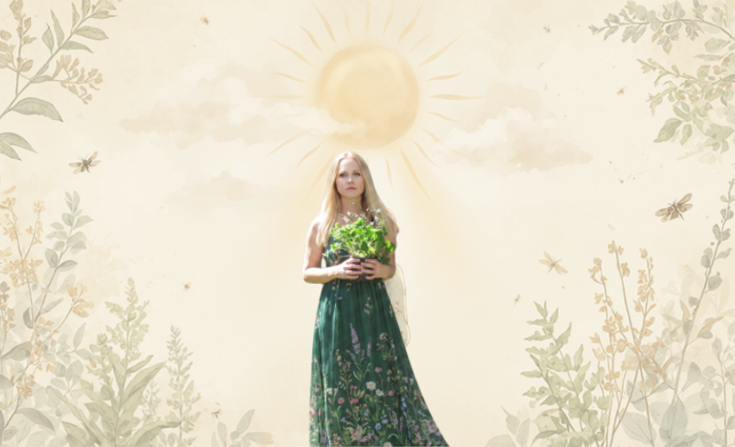 A witchy woman in a long dark green dress during the summer solstice