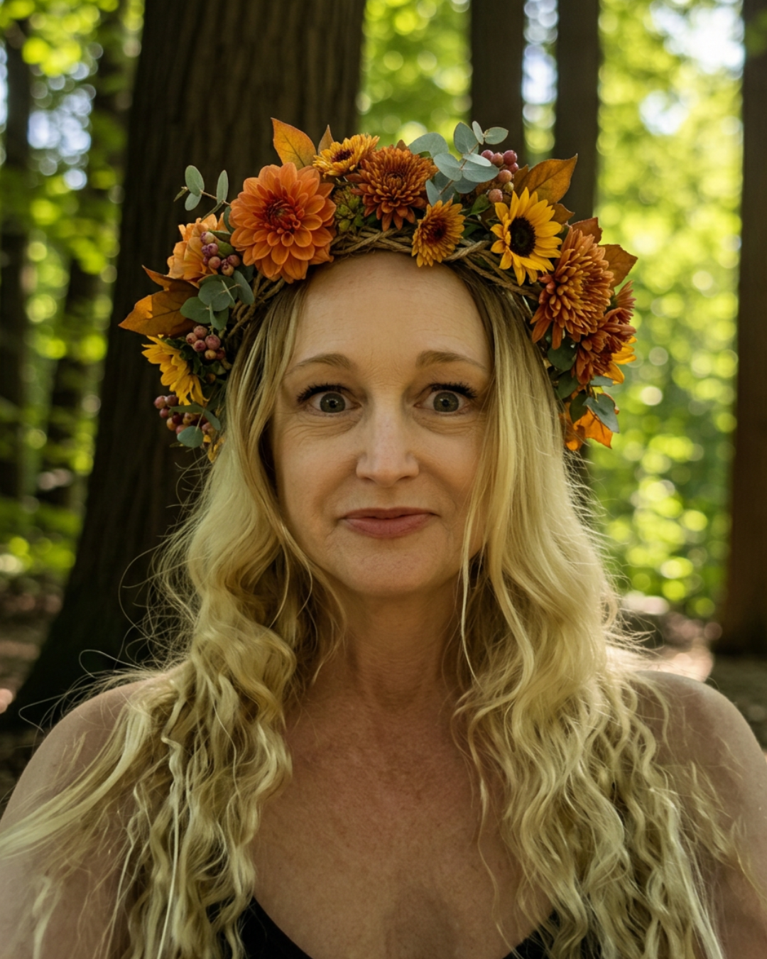 A blonde woman with an autumn flower crown in the forest backdrop