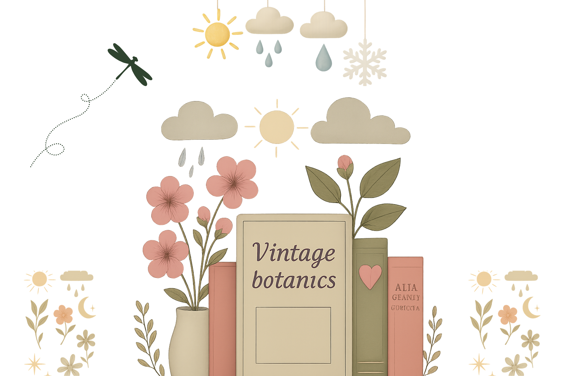 botanical books with storm clouds, rain, and sunshine for weather magic