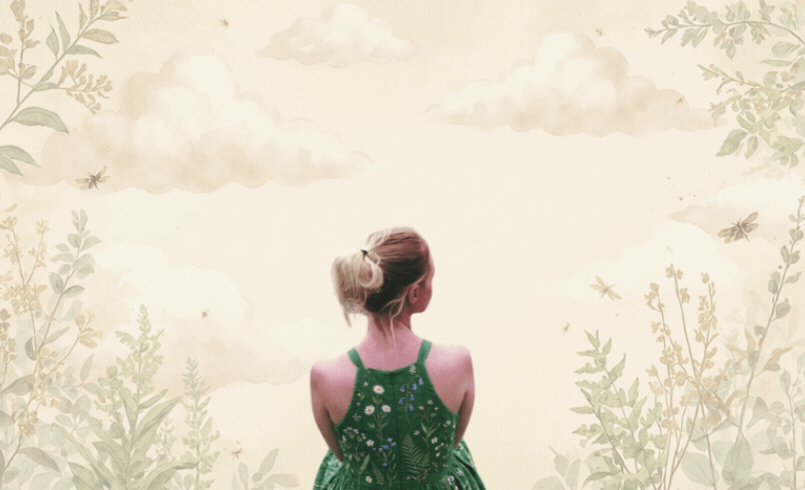 A woman in a dark green dress with a messy bun on a cloudy day in the meadow