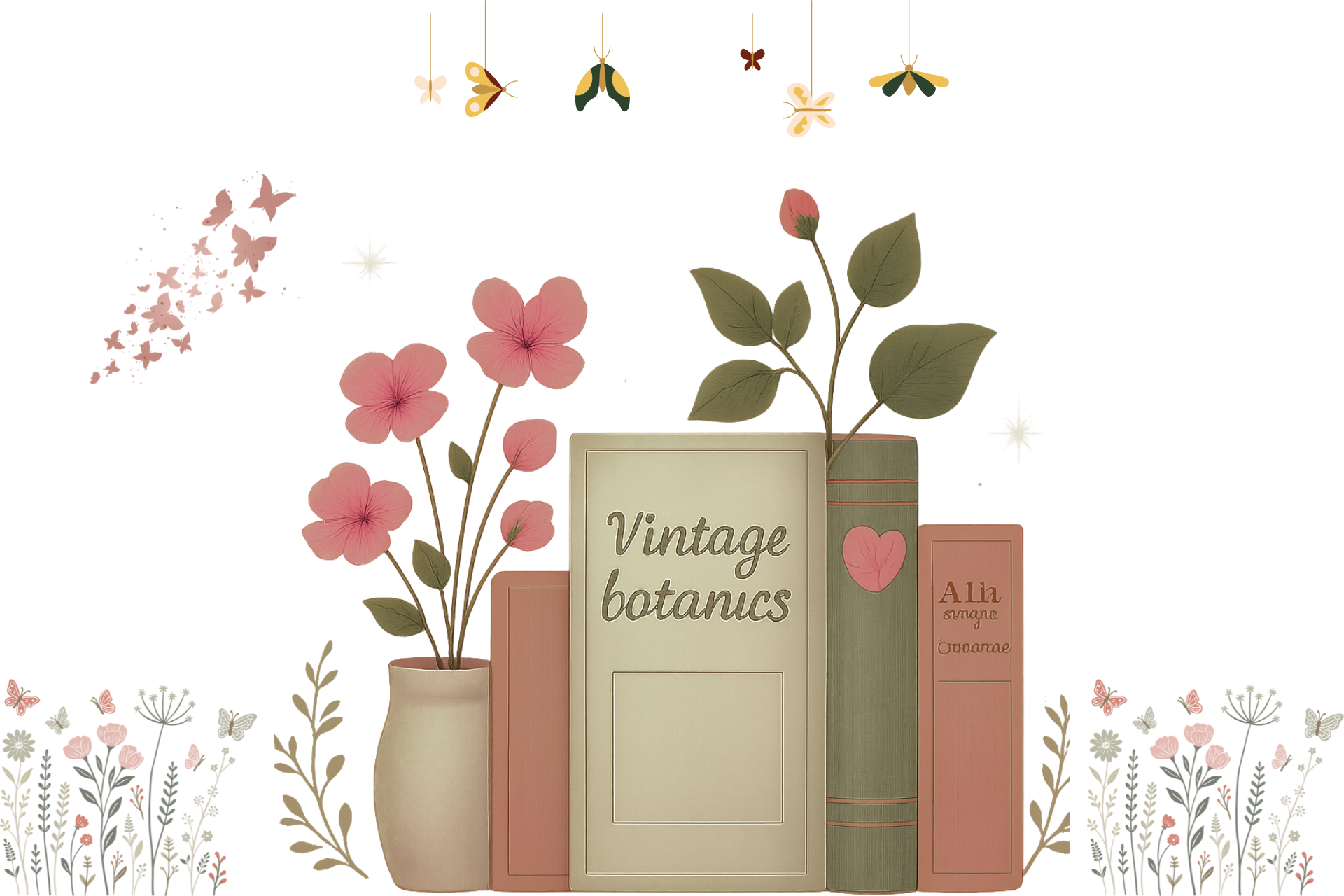 vintage botanical books for spring with hanging butterflies