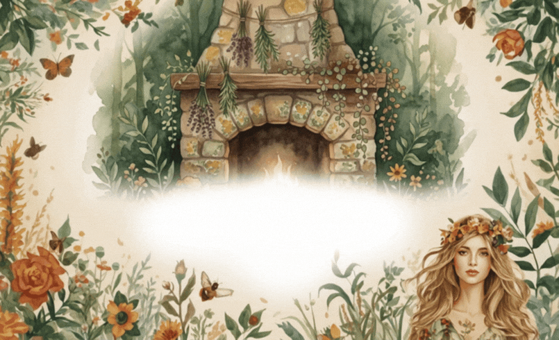 a magical green hearth witch illustration with fairies and insects