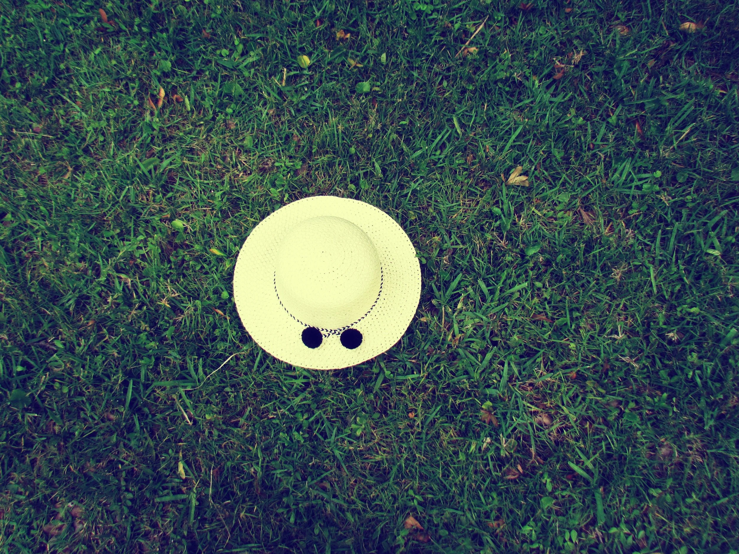 A sun hat lying on dark green grass in a Florida backyard