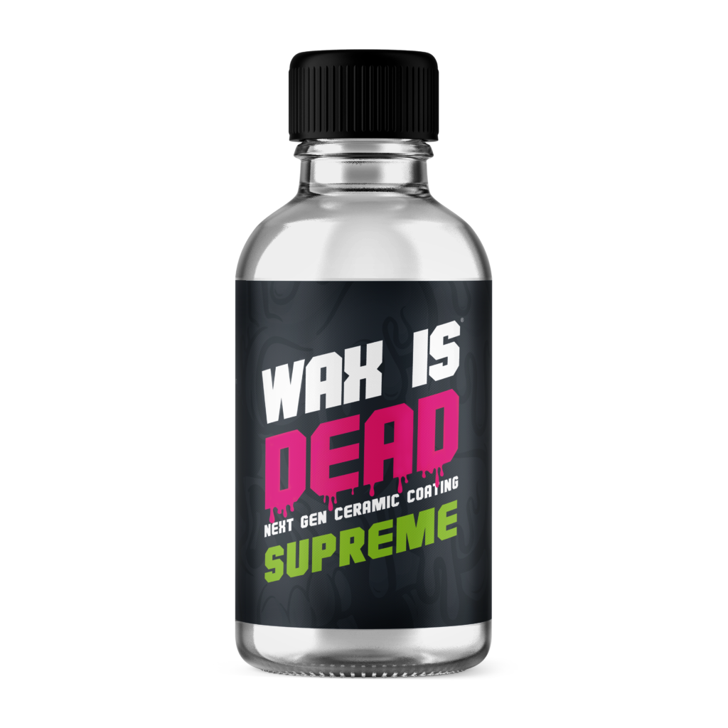 A small clear bottle with a black cap and a colorful label that reads "WAX IS DEAD" with additional text "NEXT GEN CERAMIC COATING" and "SUPREME" in green.