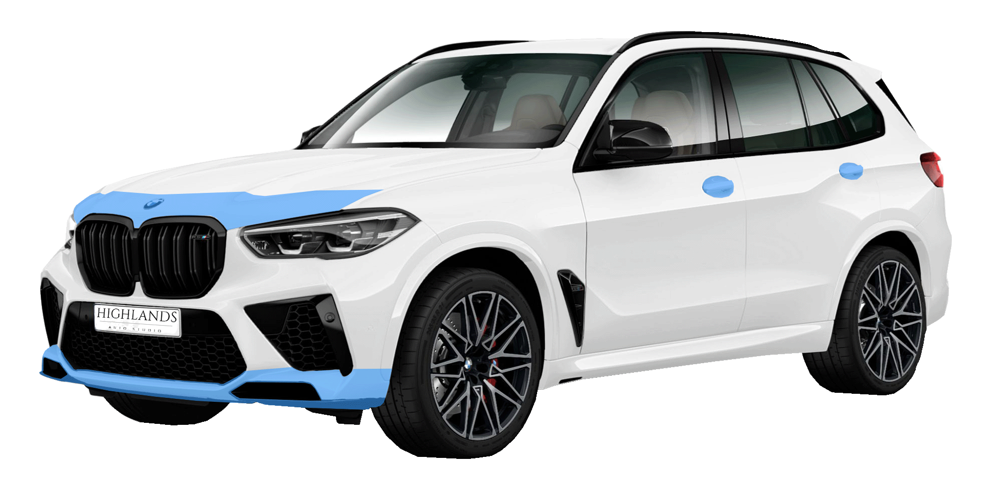 White car with black grille and blue accents, black wheels, and a license plate that reads 'Highlands Auto Studio'.