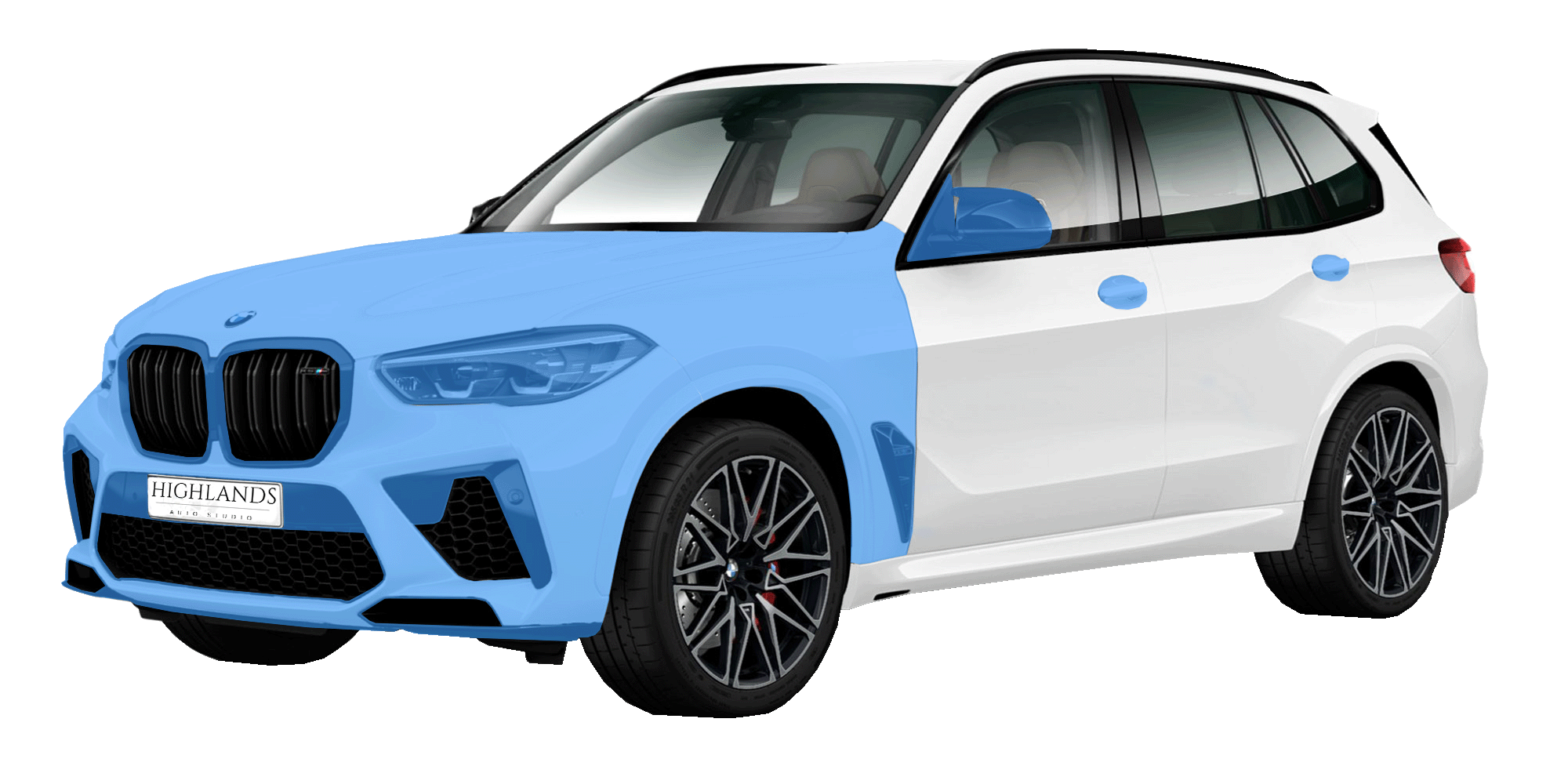 A white BMW SUV with a blue partial hood and front fenders, black front grille, black and silver alloy wheels, and a Highlands Auto Studio license plate.
