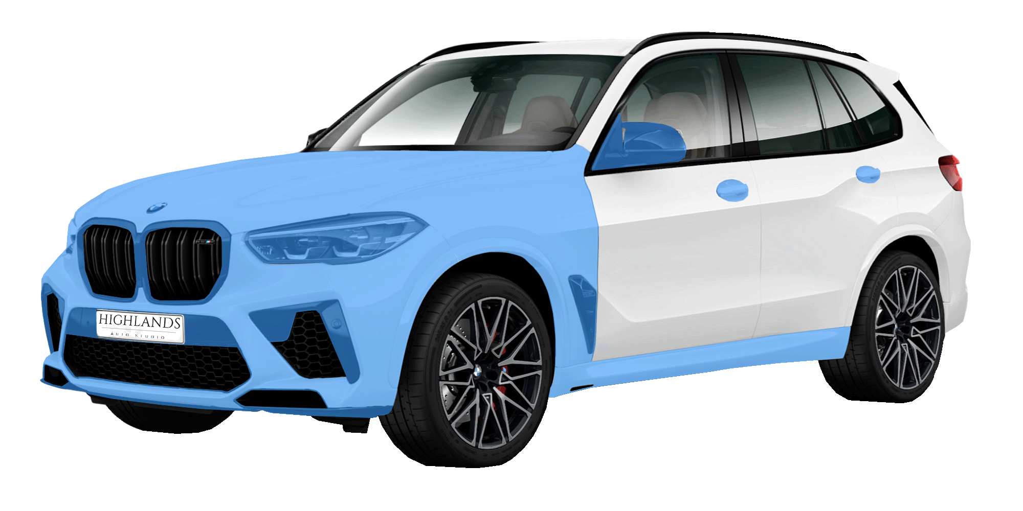 A half blue, half white BMW car with sporty design, black rims, and a Highland's Auto Studio license plate.