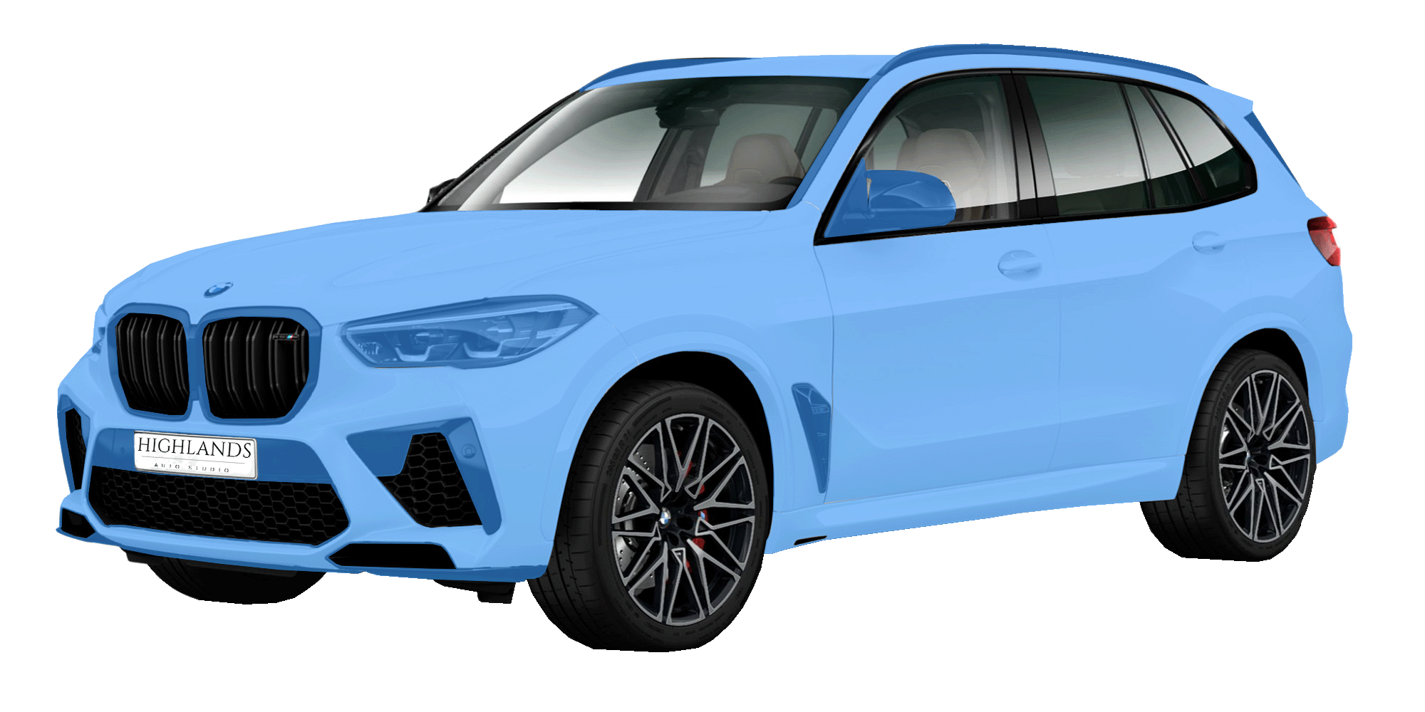 Blue BMW SUV with sporty design, large black front grille, detailed wheels, and Highland's Auto Studio license plate.