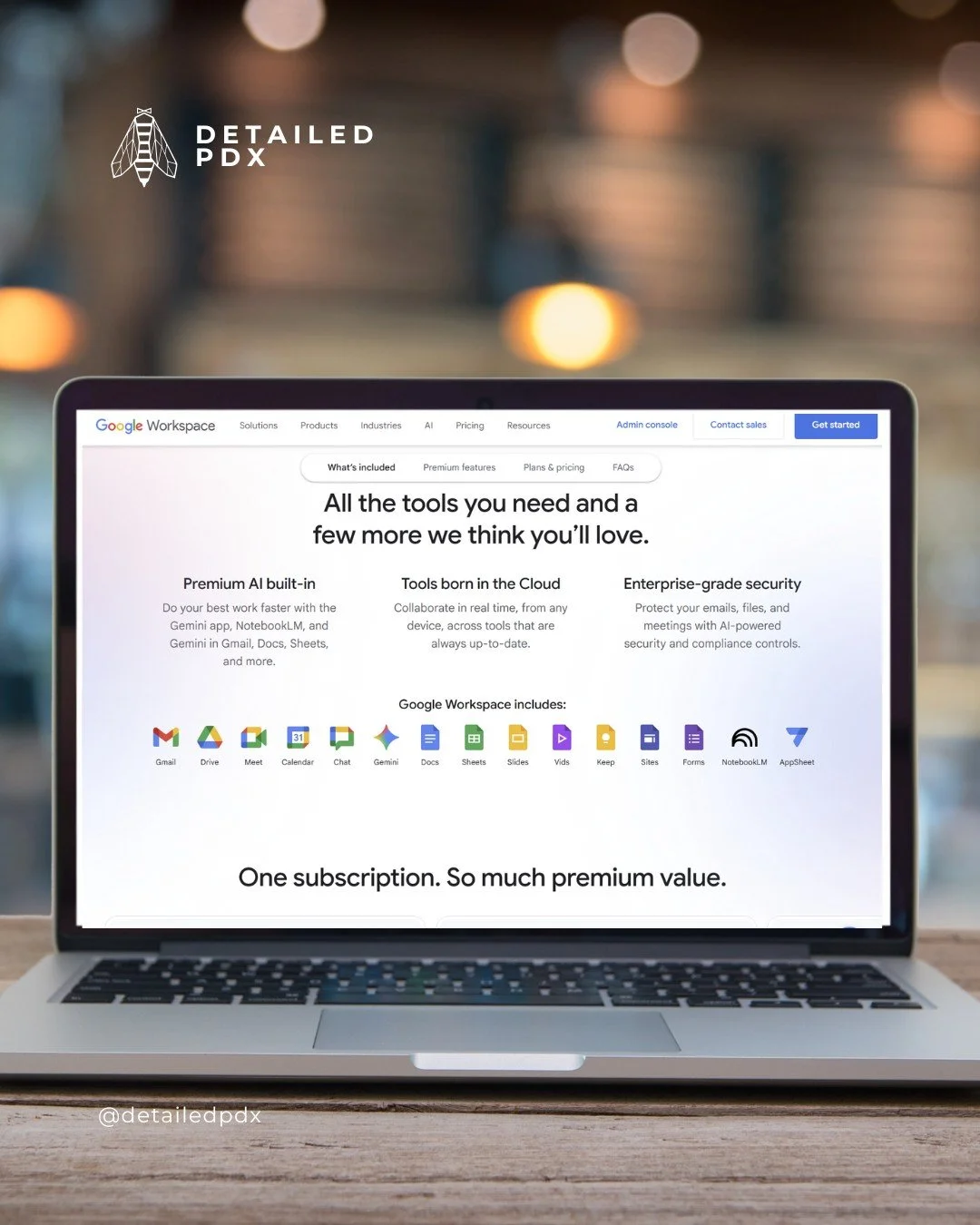 DetailedPDX absolutely could not operate without Google Workspace.

Google Workspace brings together all your favorite features, Gmail, Chat, Calendar, Drive, Photos, Meet, and more on one easily accessible platform. The best part? This subscription 