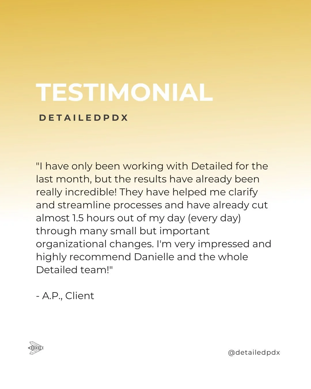 "I have only been working with Detailed for the last month, but the results have already been really incredible! They have helped me clarify and streamline processes and have already cut almost 1.5 hours out of my day (every day) through many sm