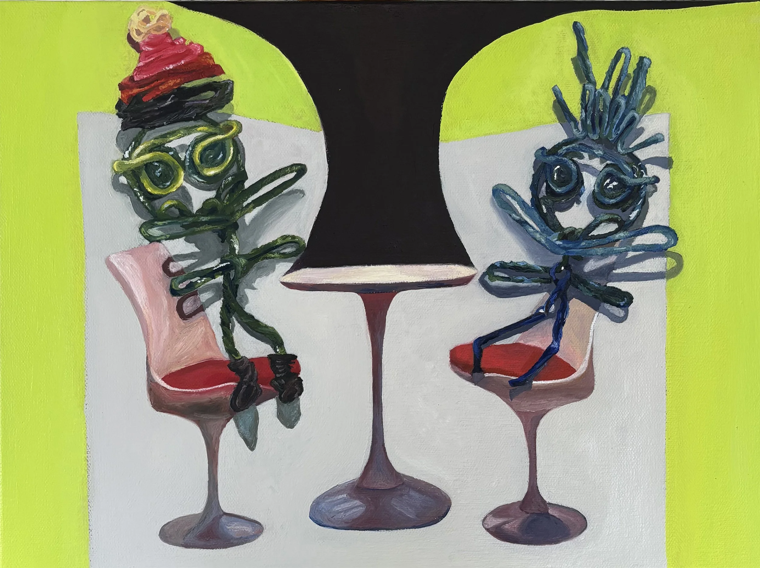 Dinner (Party), oil painting of wax-string figures at a table, by Mari Jae