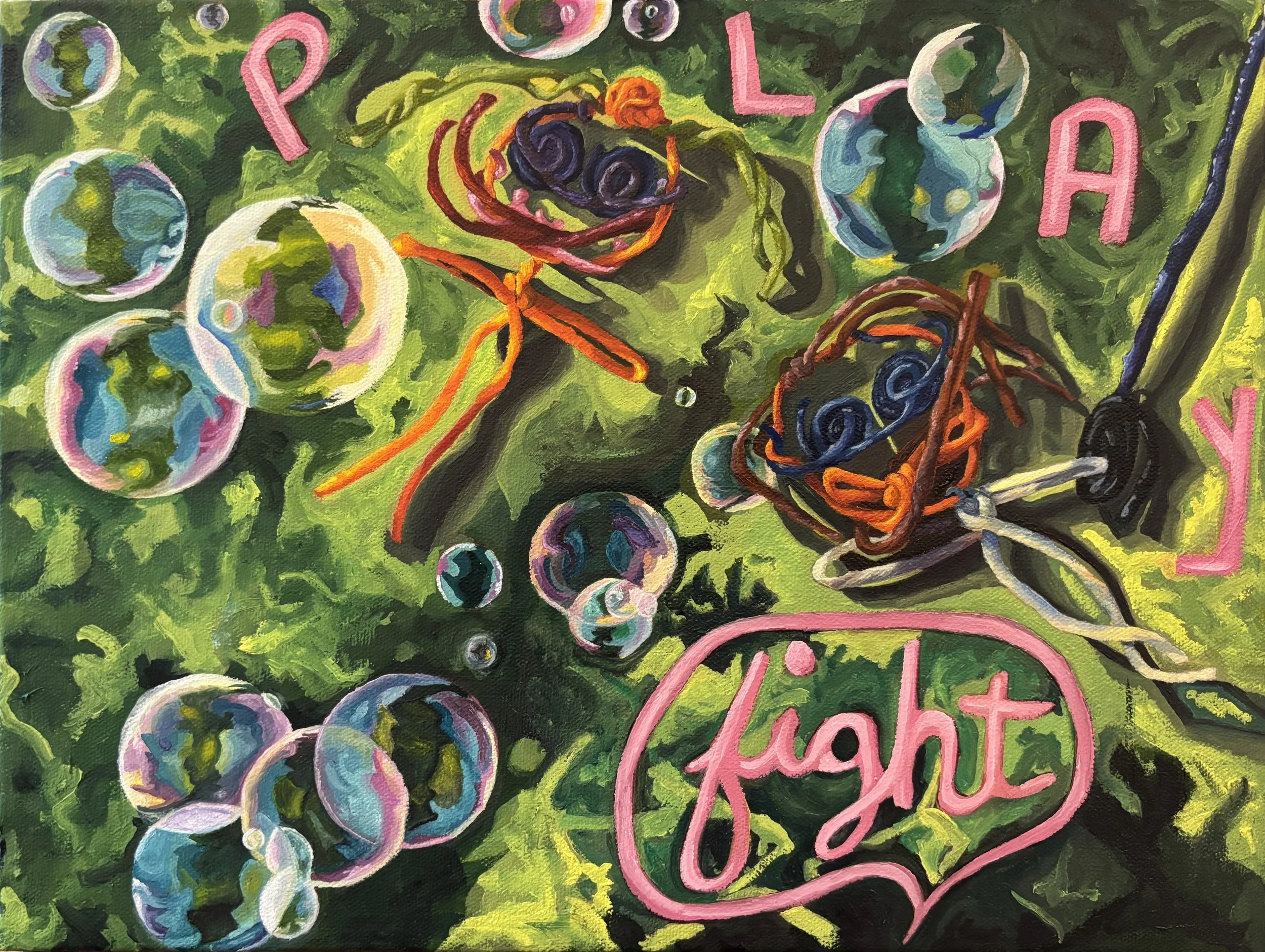 Oil painting titled Congress by Mari Jae, wax-string figures under dramatic chiaroscuro lighting