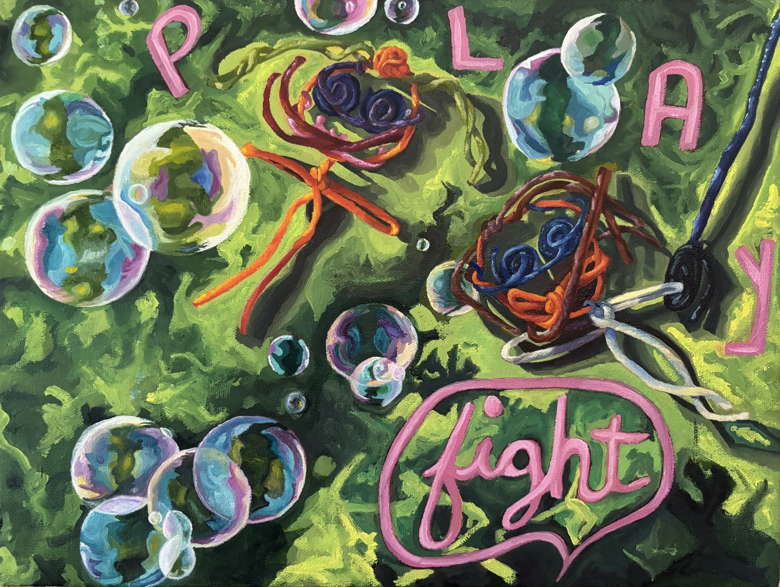 Congress, oil painting of wax-string figures with speech bubbles reading PLAY and FIGHT, by Mari Jae