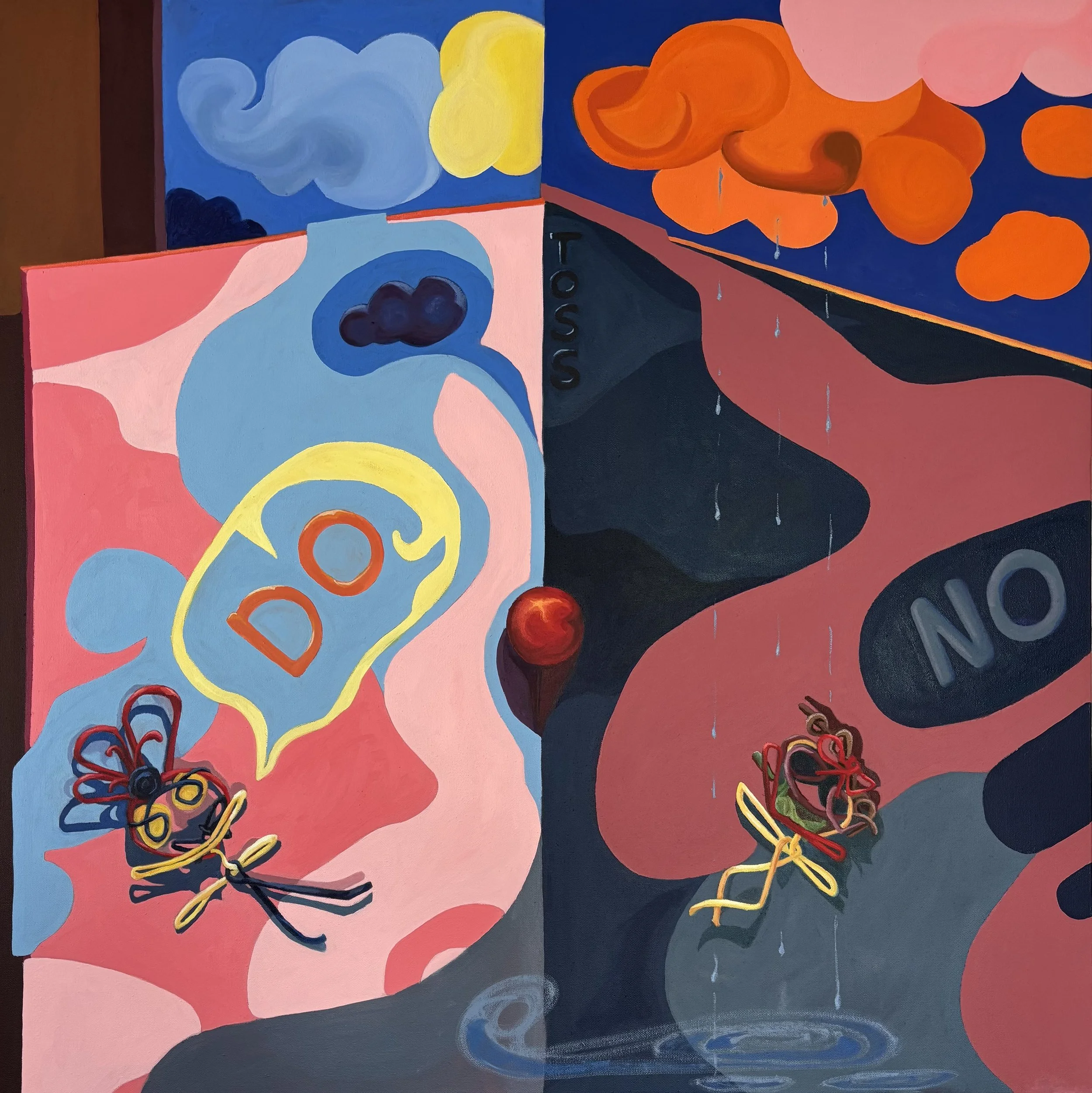 It's a Toss (Up) — oil painting on canvas by Mari Jae, featuring a wax string figure under dramatic chiaroscuro lighting