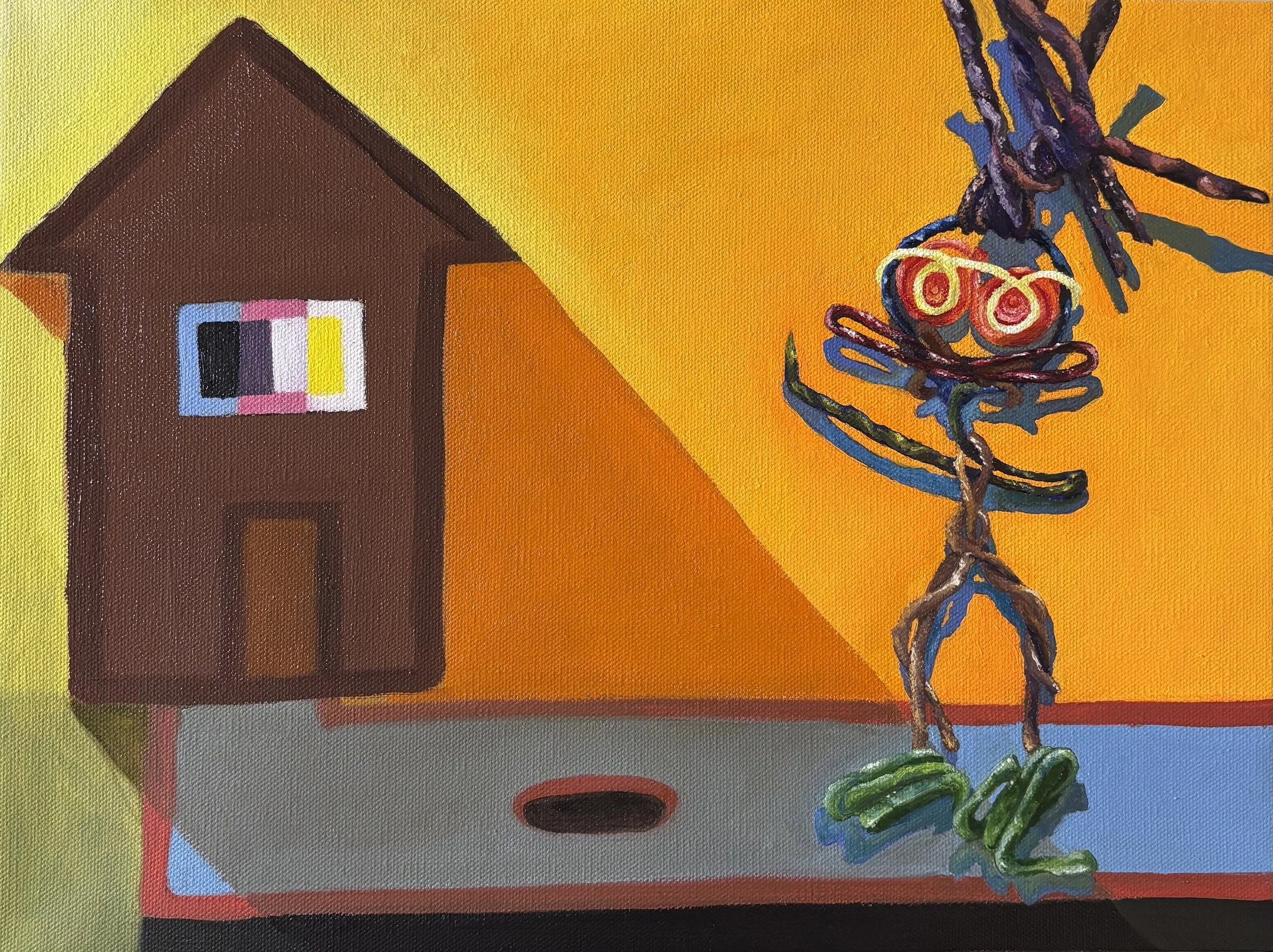 Look (Out), sold original oil painting by Mari Jae, wax-string figure series