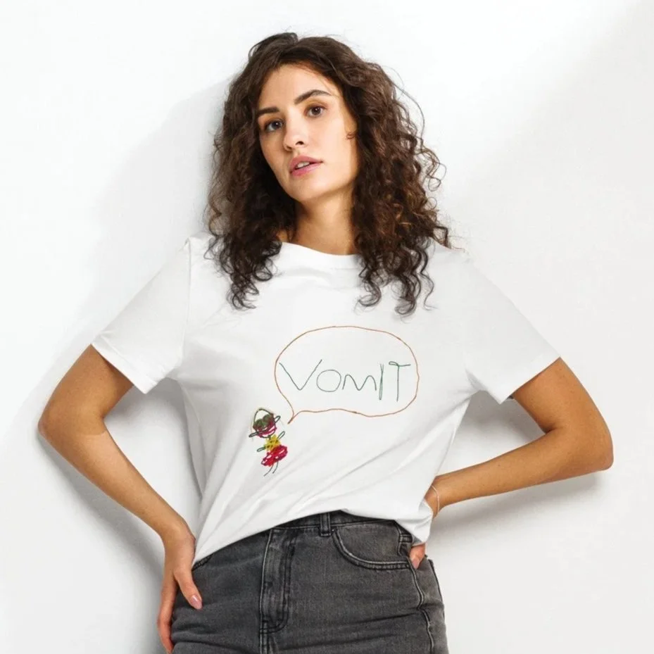 White organic ribbed-neck t-shirt printed with Mari Jae wax-string figure art